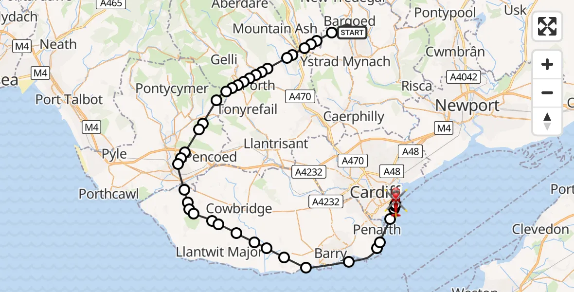 Flight path map showing Air Ambulance Helicopter route from Bargoed to Cardiff Heliport
