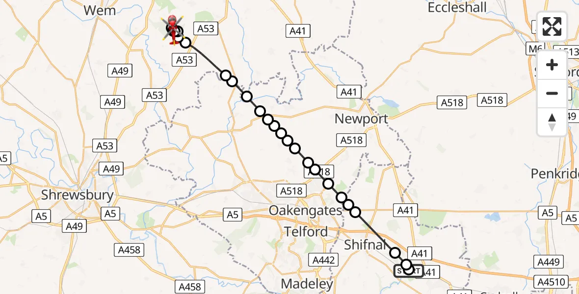 Flight path map showing Air Ambulance Helicopter route from RAF Cosford to Marchamley