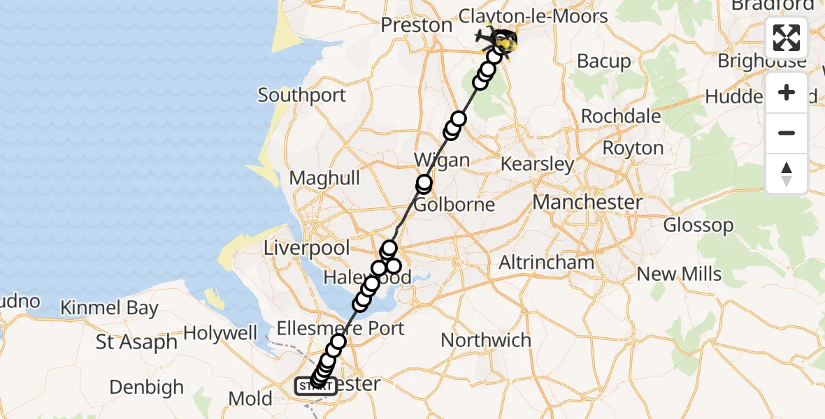 Flight path map showing Police Helicopter route from Hawarden Airport to Blackburn