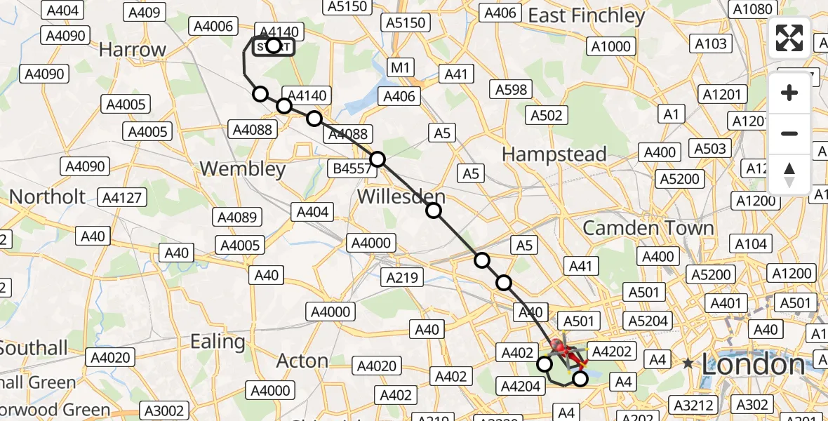 Flight path map showing Air Ambulance Helicopter route from Preston to City of Westminster
