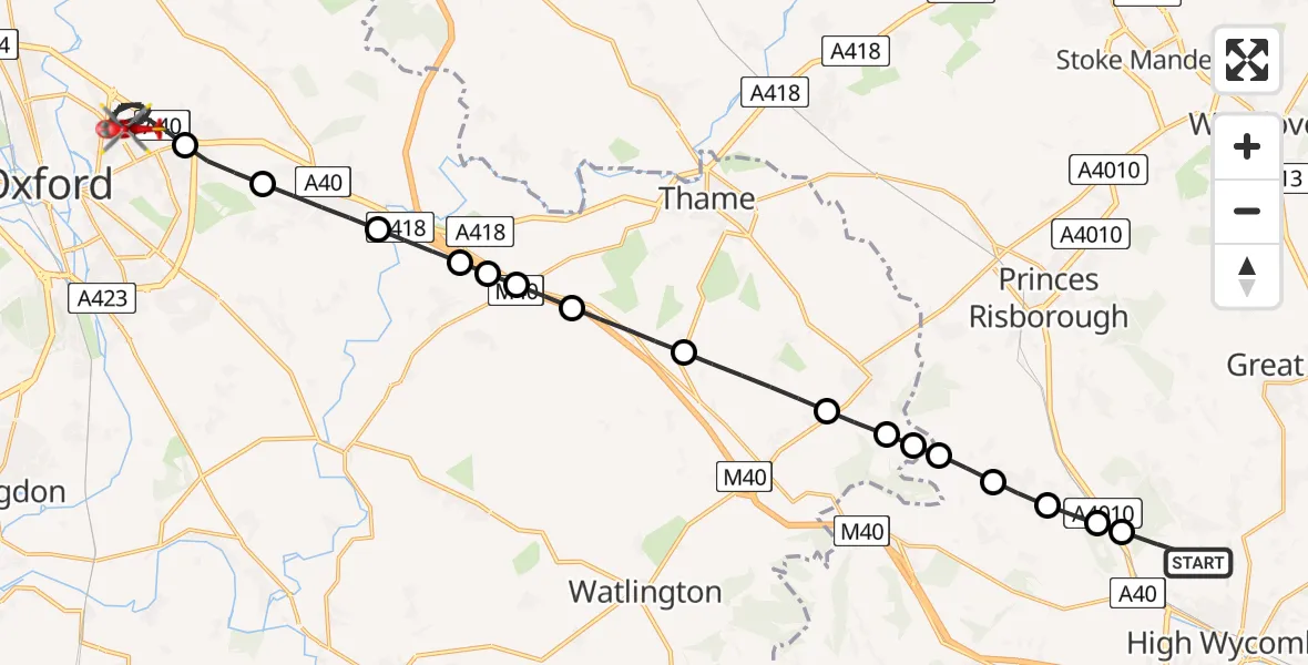 Routekaart van de vlucht: Air Ambulance Helicopter to Oxford, Headley Way