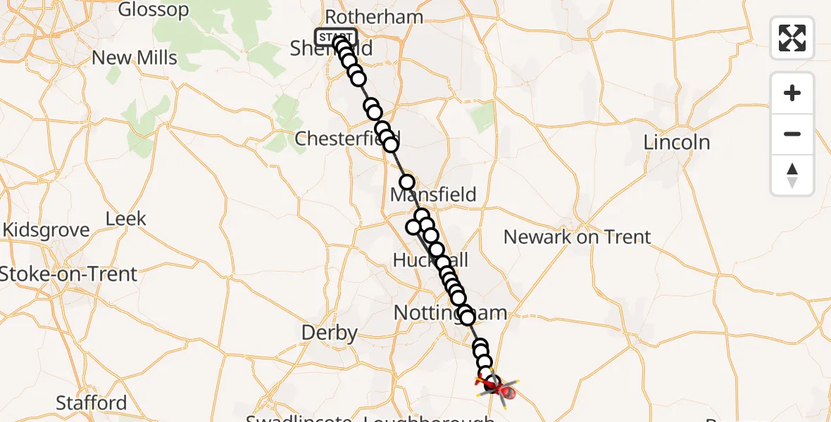 Flight path map showing Air Ambulance Helicopter route from Pitsmoor to Willoughby on the Wolds