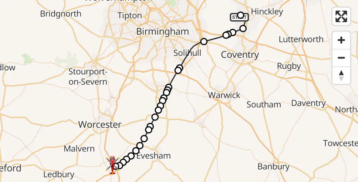 Flight path map showing Air Ambulance Helicopter route from Nuneaton and Bedworth to Upper Strensham