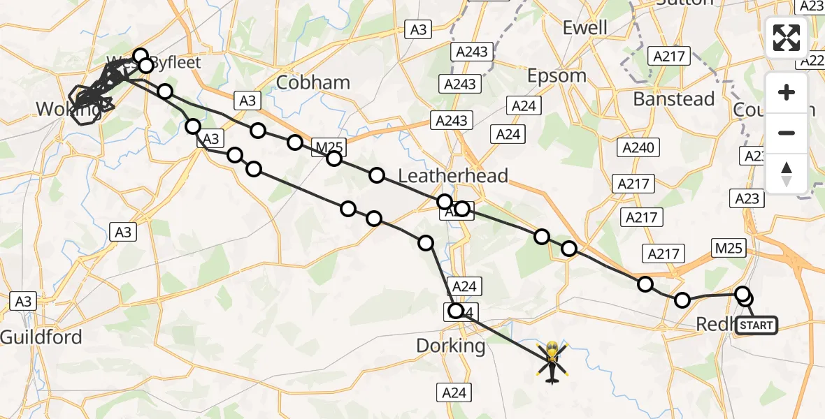 Flight path map showing Police Helicopter route from Redhill to Betchworth