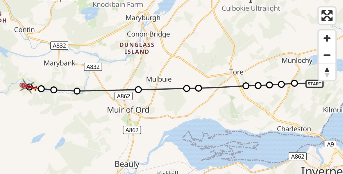 Flight path map showing Air Ambulance Helicopter route from Munlochy to Fairburn