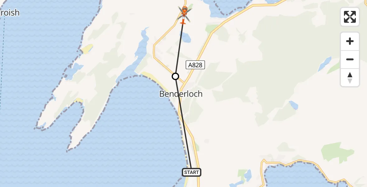 Flight path map showing Coastguard Helicopter route from Oban Airport to Inner Seas