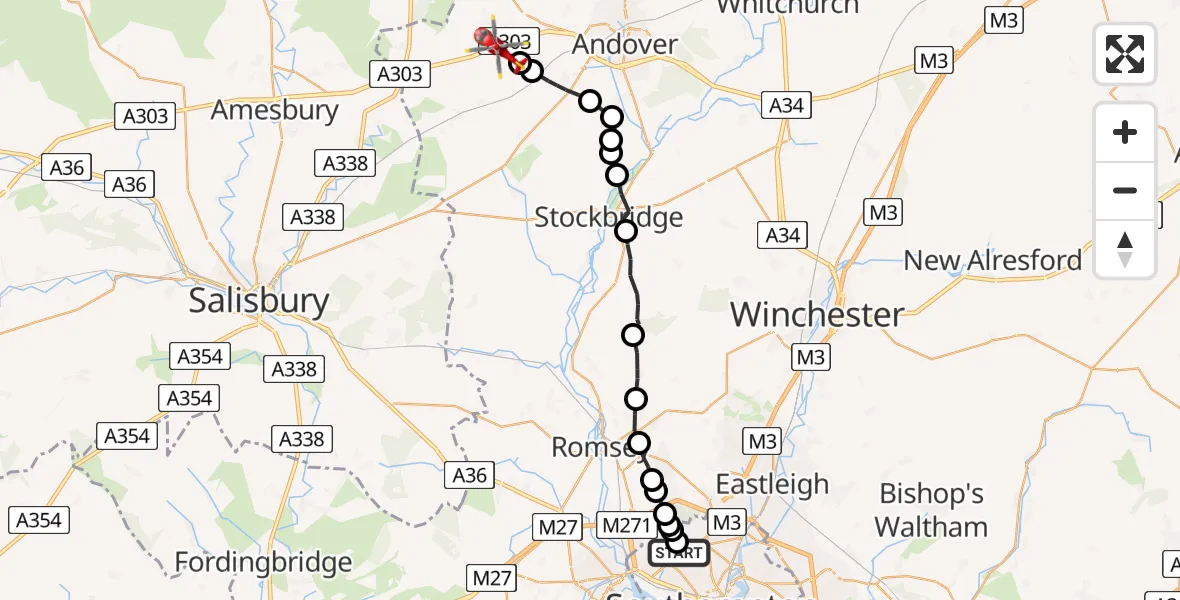 Flight path map showing Air Ambulance Helicopter route from University Hospital Southampton to Thruxton