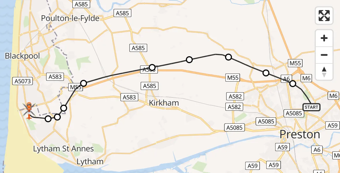 Flight path map showing Coastguard Helicopter route from Preston to Blackpool Airport