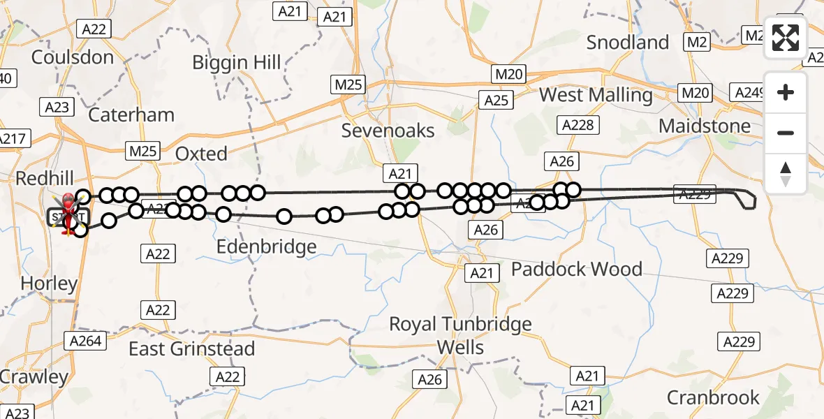 Flight path map showing Air Ambulance Helicopter route from Redhill Aerodrome to Redhill Aerodrome