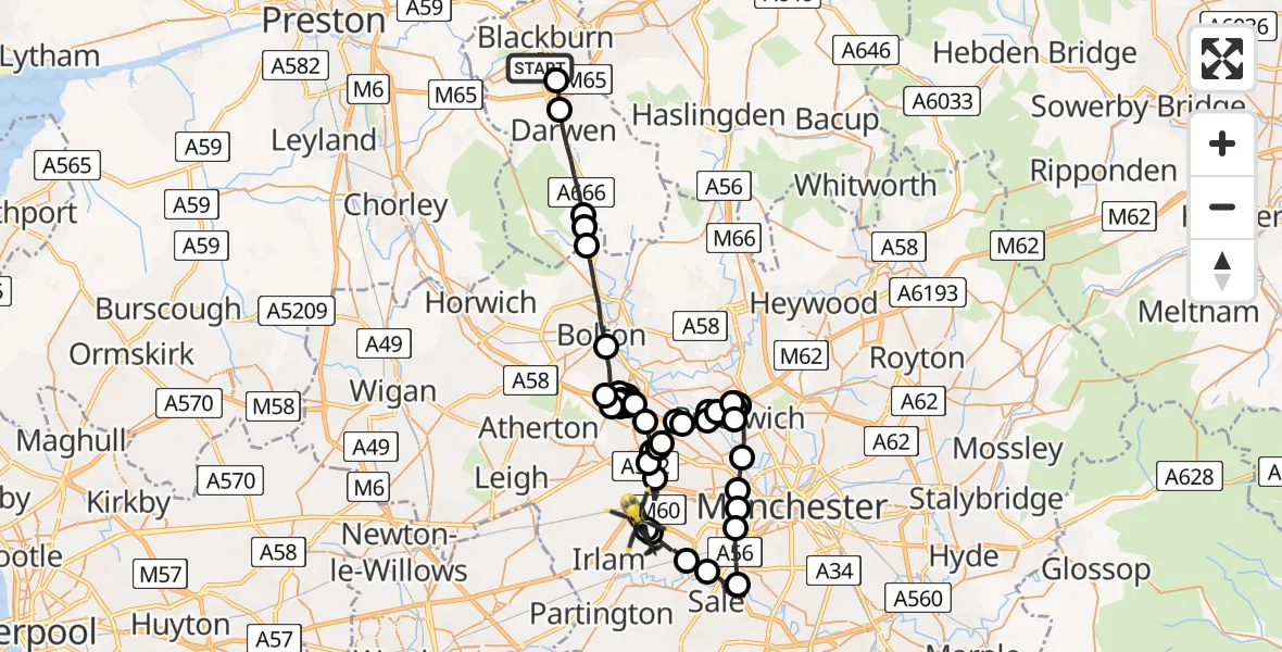 Flight path map showing Police Helicopter route from Blackburn to Manchester Barton Aerodrome