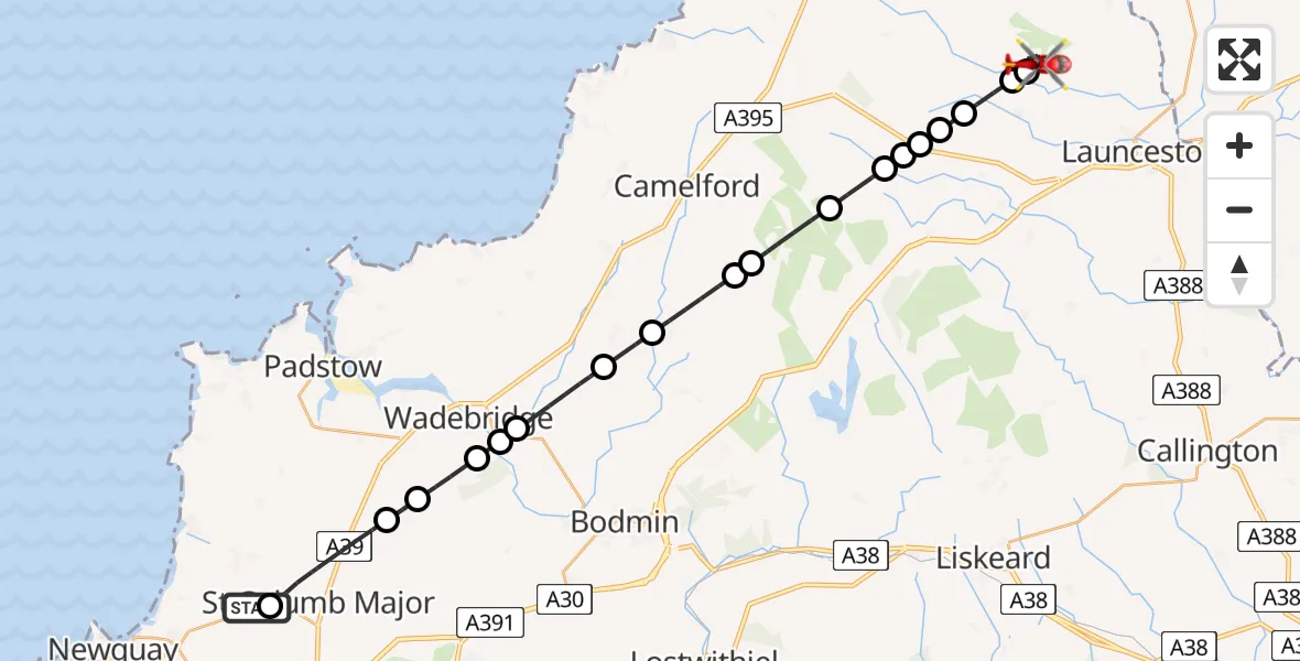 Flight path map showing Air Ambulance Helicopter route from Cornwall Airport Newquay to North Petherwin