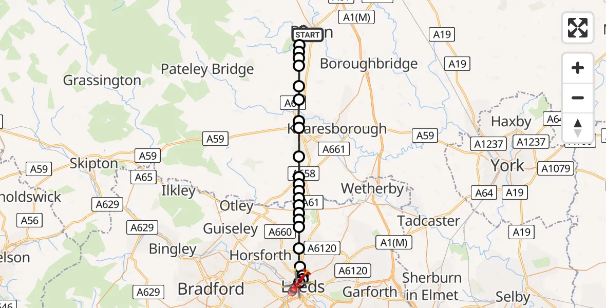 Flight path map showing Air Ambulance Helicopter route from Ripon to Woodhouse