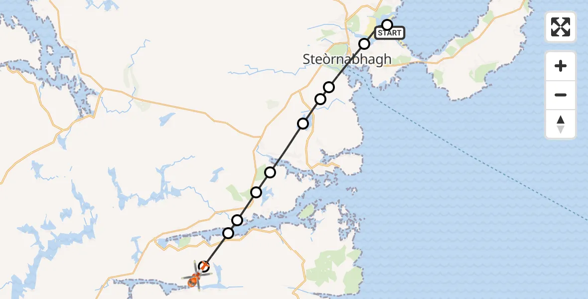 Flight path map showing Coastguard Helicopter route from Stornoway Airport to Ceann Loch Shìophoirt