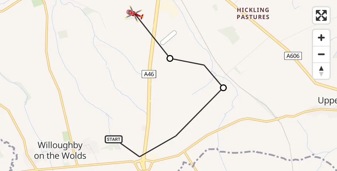 Flight path map showing Air Ambulance Helicopter route from Willoughby on the Wolds to Hickling