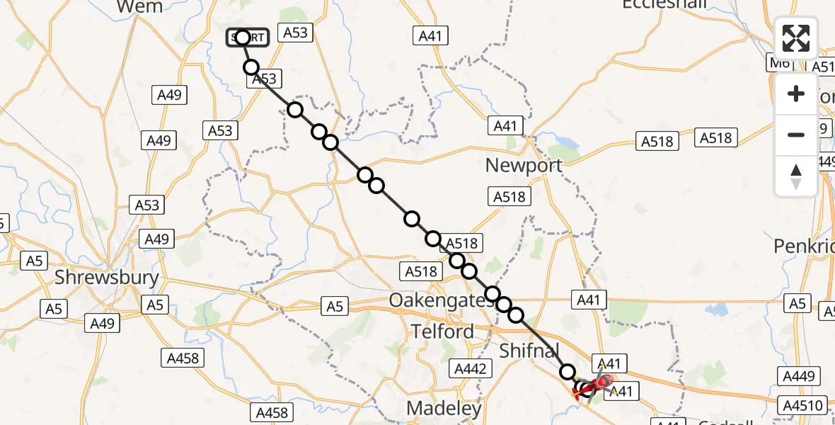 Flight path map showing Air Ambulance Helicopter route from Marchamley to Cosford