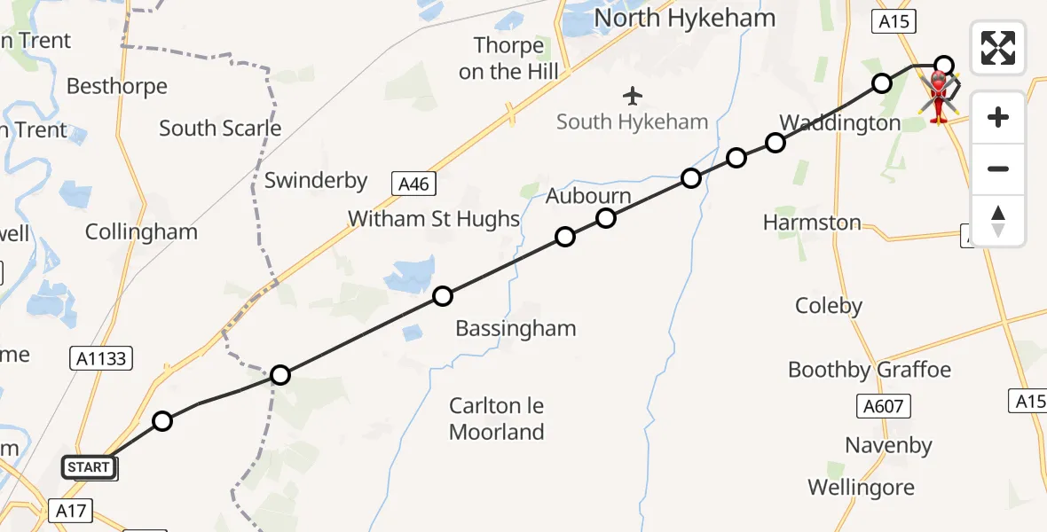 Flight path map showing Air Ambulance Helicopter route from Newark and Sherwood to North Kesteven