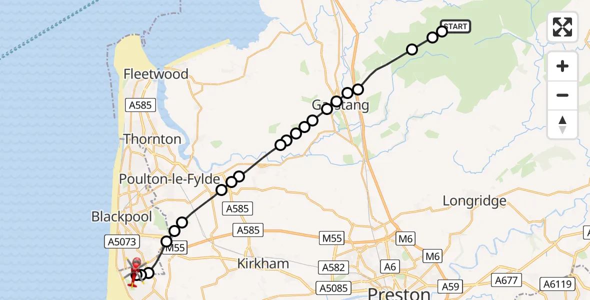 Flight path map showing Air Ambulance Helicopter route from Lancaster to Blackpool Airport