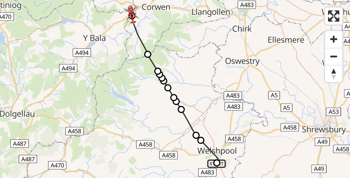 Flight path map showing Air Ambulance Helicopter route from Welshpool Airport to Llandderfel
