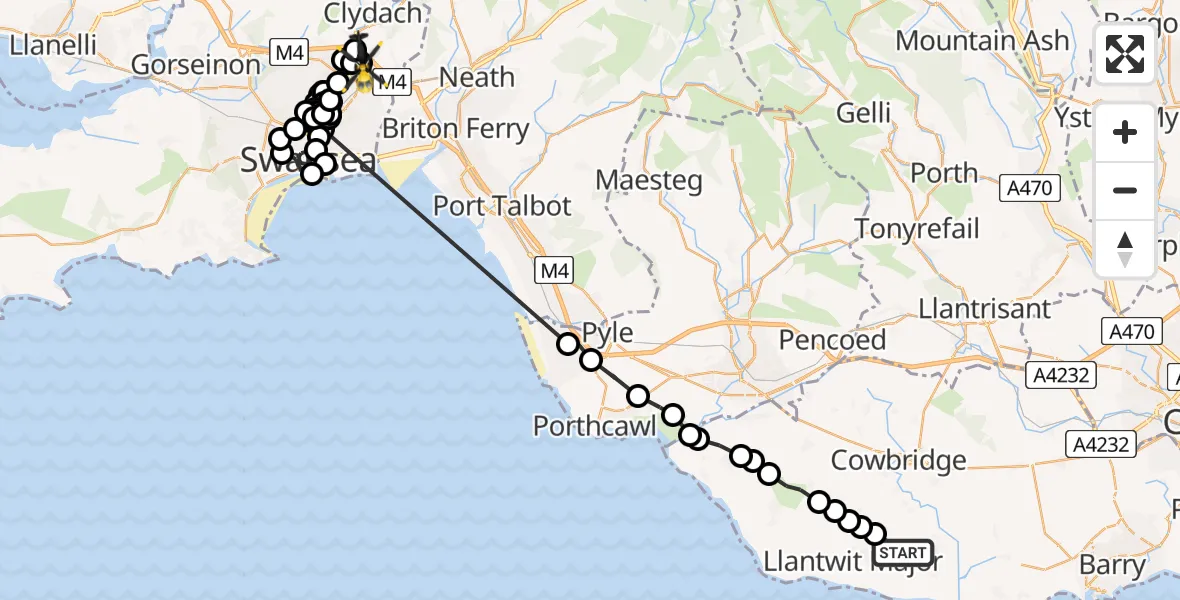 Flight path map showing Police Helicopter route from MOD St Athan to Tregof