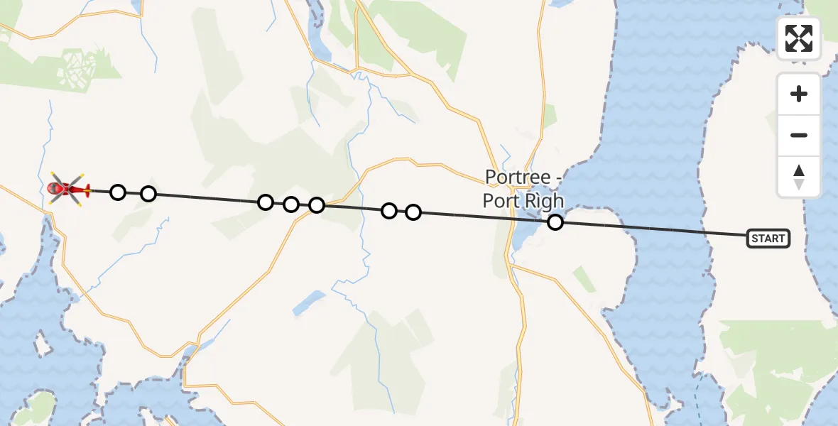 Flight path map showing Air Ambulance Helicopter route from Inner Seas to Caroy - An Cadha Ruadh
