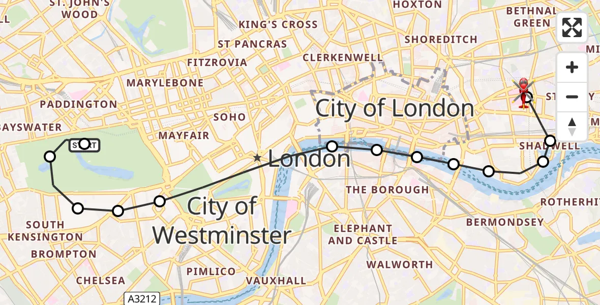 Flight path map showing Air Ambulance Helicopter route from City of Westminster to Royal London Hospital