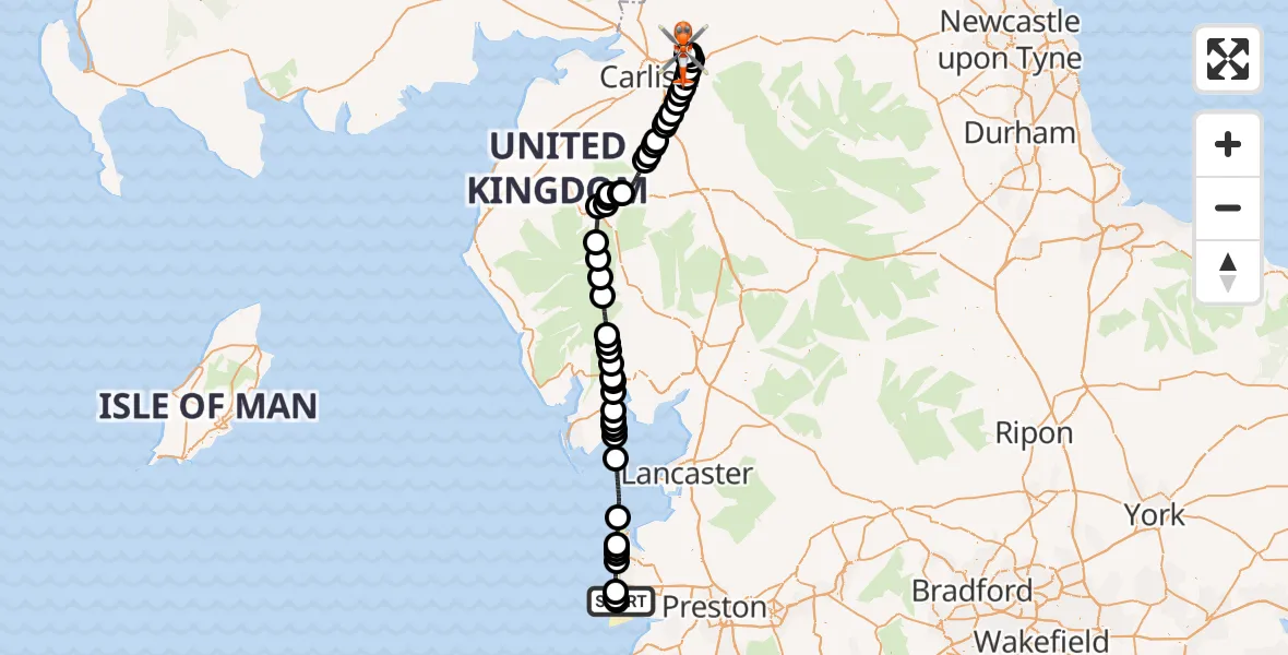Flight path map showing Coastguard Helicopter route from Blackpool Airport to Carlisle Lake District Airport