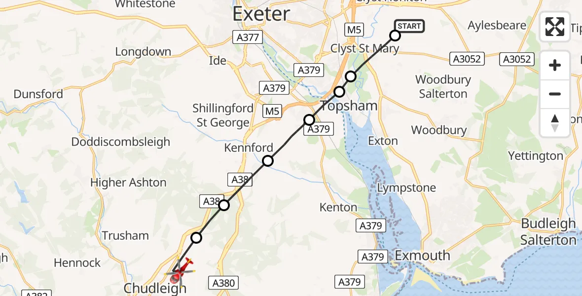 Flight path map showing Air Ambulance Helicopter route from Clyst Honiton to Chudleigh