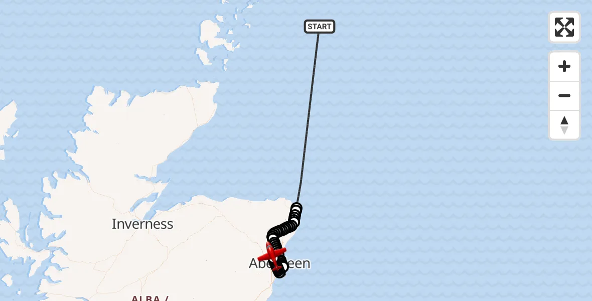 Flight path map showing Air Ambulance Aircraft route from North Sea to Aberdeen International Airport