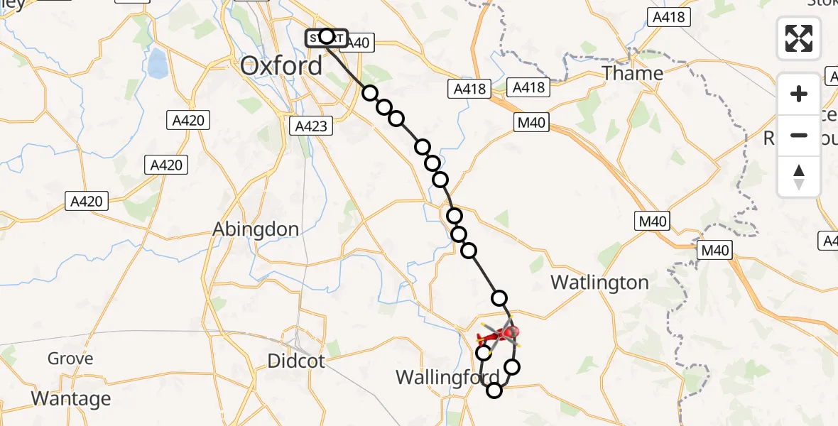 Flight path map showing Air Ambulance Helicopter route from John Radcliffe Hospital to RAF Benson