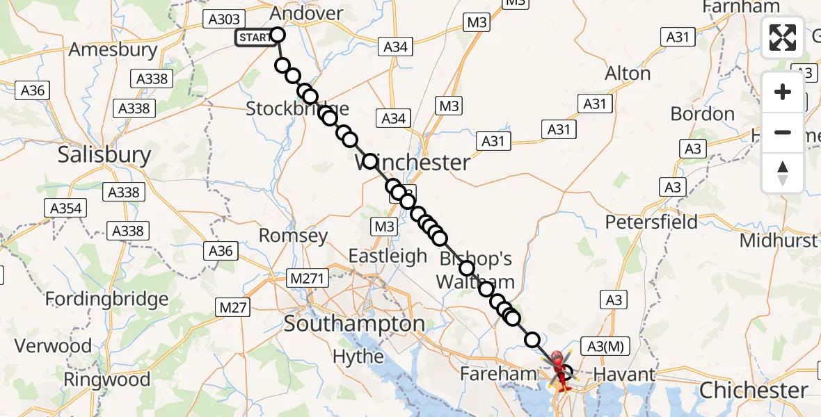 Flight path map showing Air Ambulance Helicopter route from Monxton to Wymering