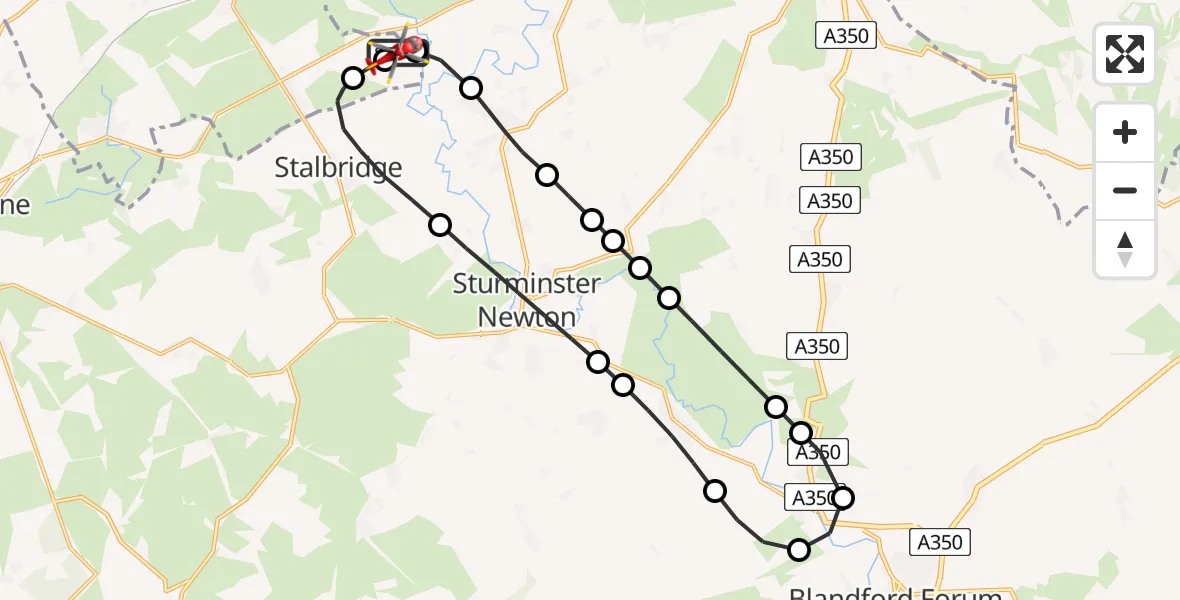 Flight path map showing Air Ambulance Helicopter route from Henstridge Airfield to Henstridge Airfield