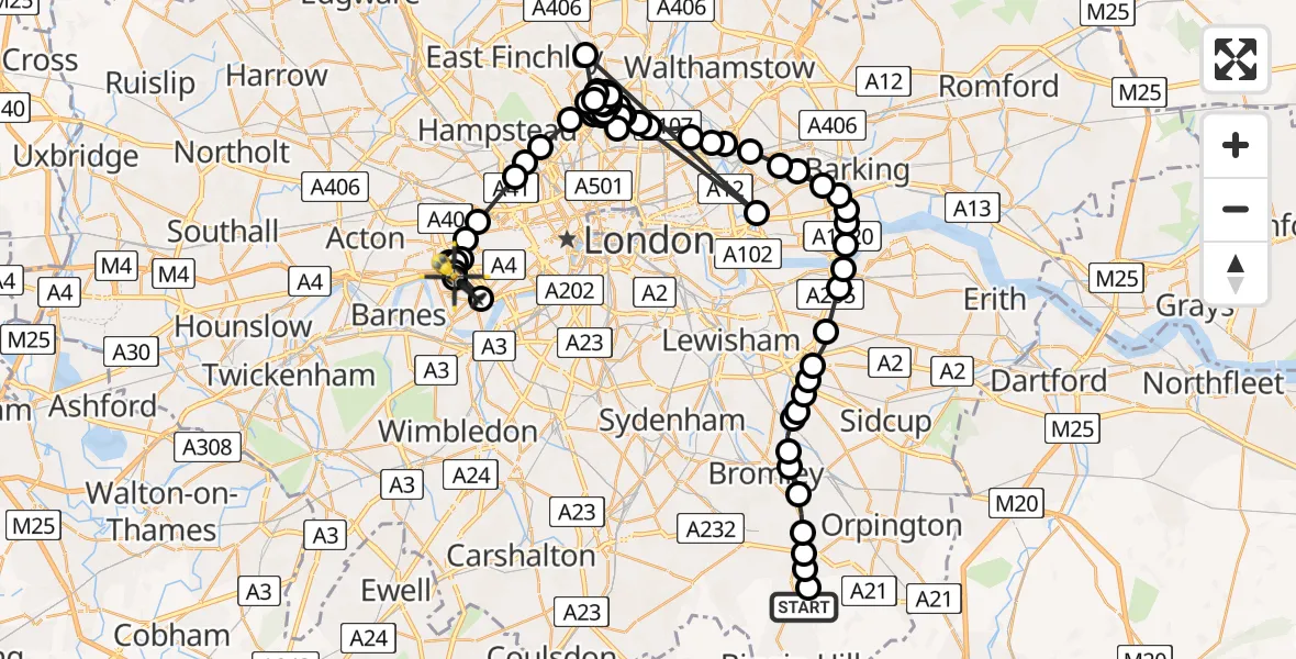Flight path map showing Police Helicopter route from London Biggin Hill Airport to West Kensington