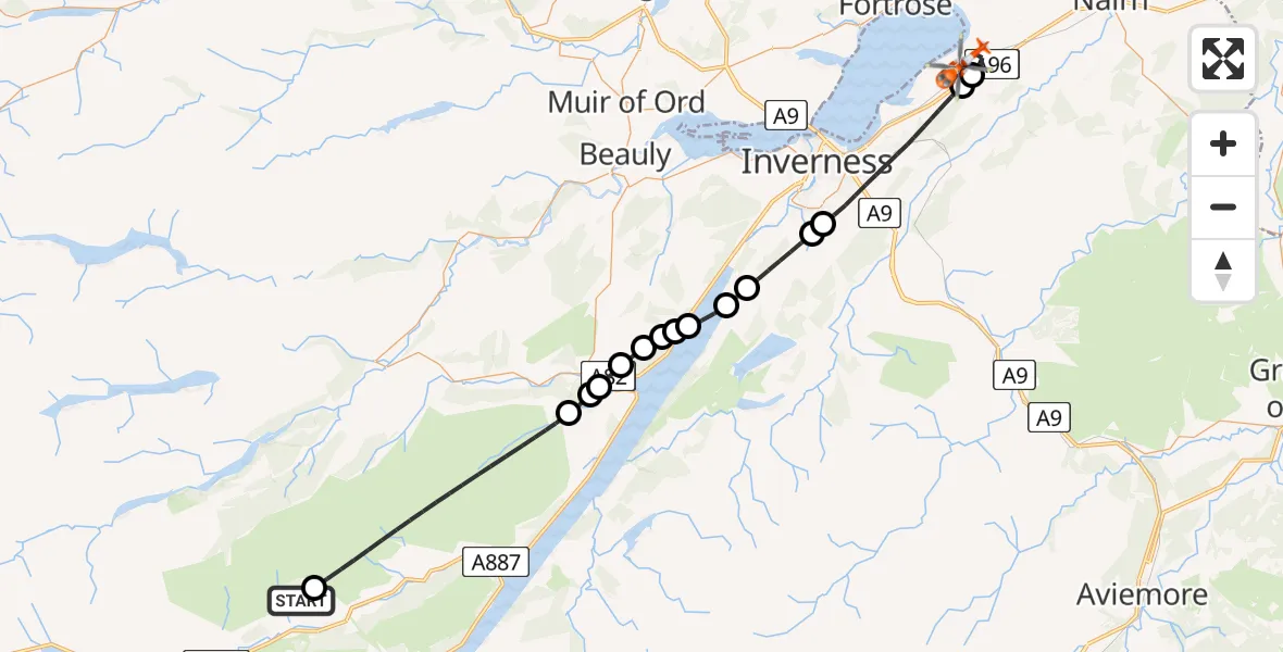 Flight path map showing Coastguard Helicopter route from Balnacarn to Inverness Airport