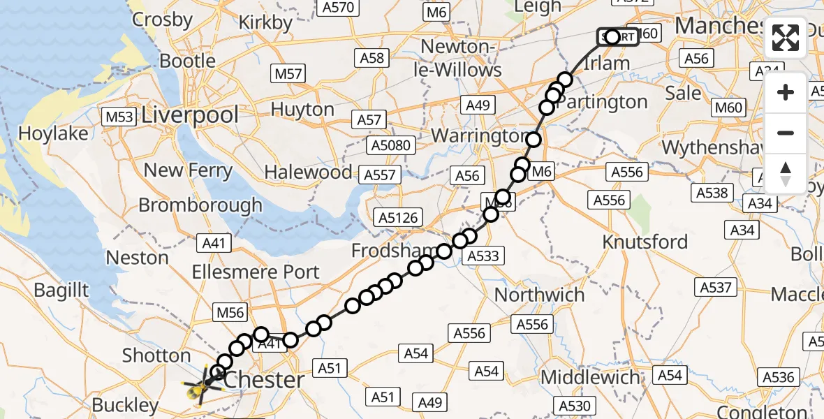 Flight path map showing Police Helicopter route from Irlam to Sandycroft