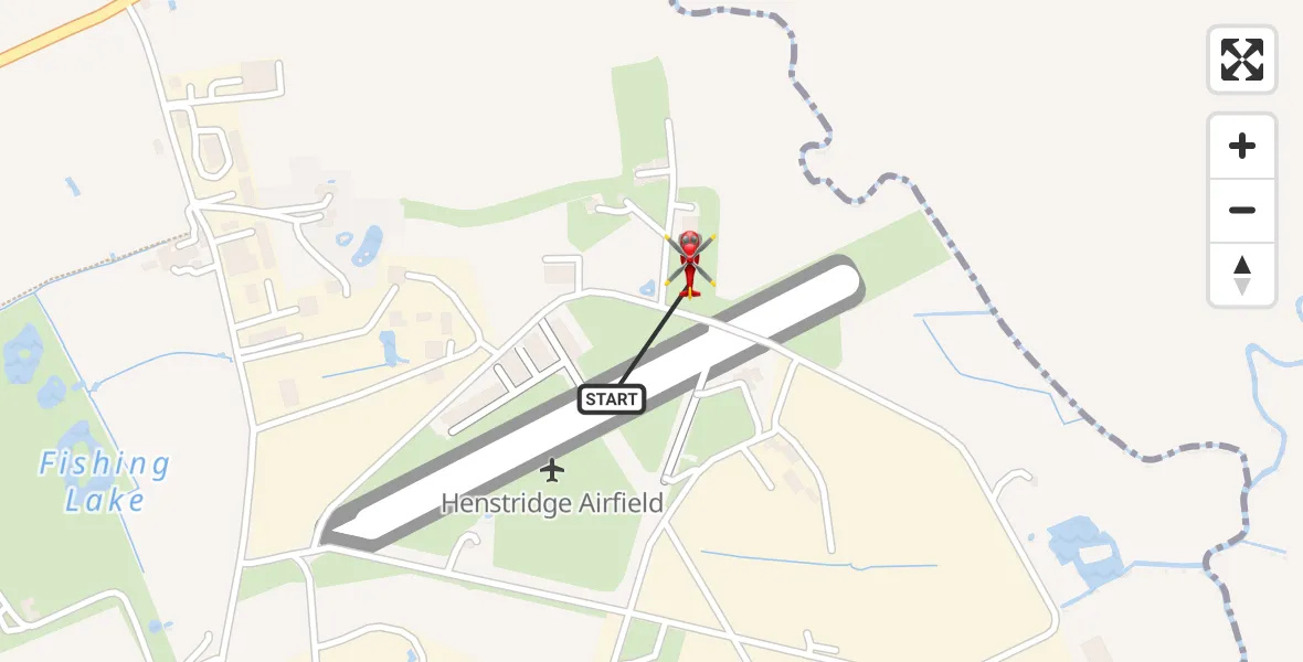 Flight path map showing Air Ambulance Helicopter route from Henstridge Airfield to Henstridge Airfield