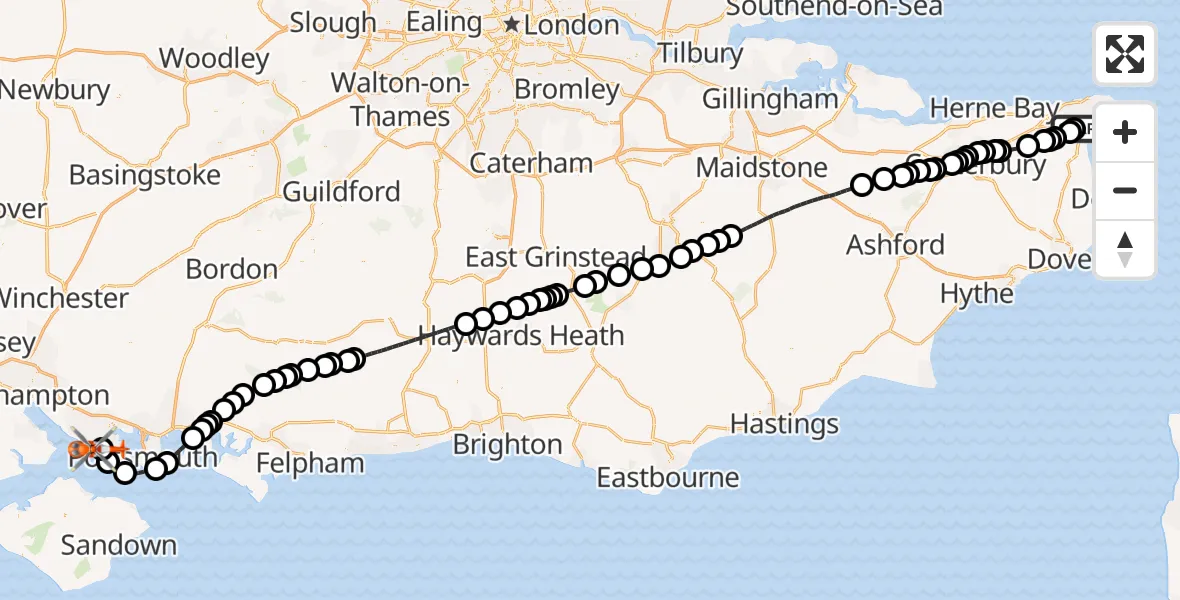 Flight path map showing Coastguard Helicopter route from Manston Airport to Solent Airport