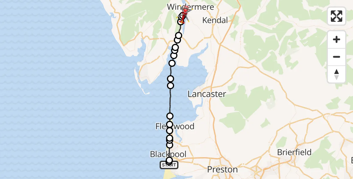 Flight path map showing Air Ambulance Helicopter route from Blackpool Airport to Far Sawrey