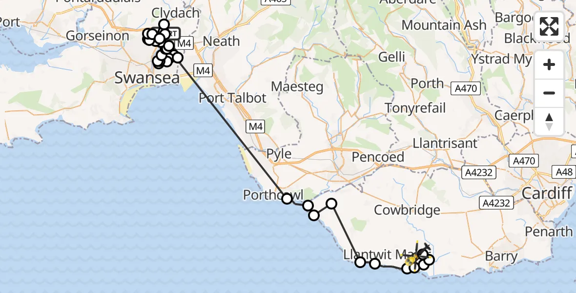 Flight path map showing Police Helicopter route from Ynystawe to MOD St Athan