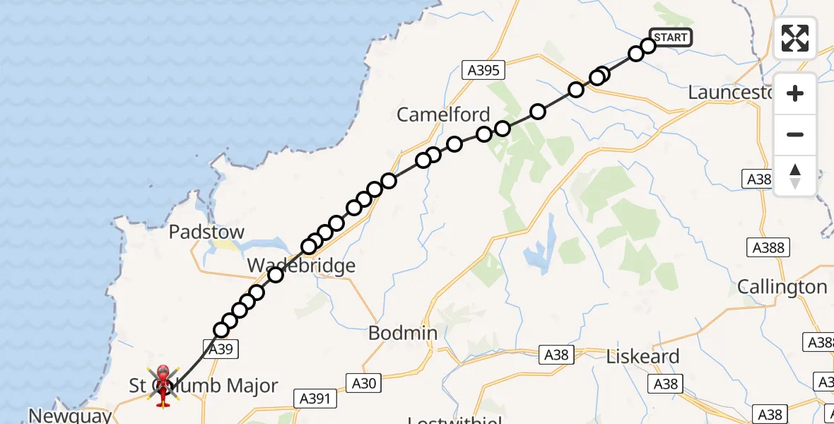 Flight path map showing Air Ambulance Helicopter route from North Petherwin to Cornwall Airport Newquay