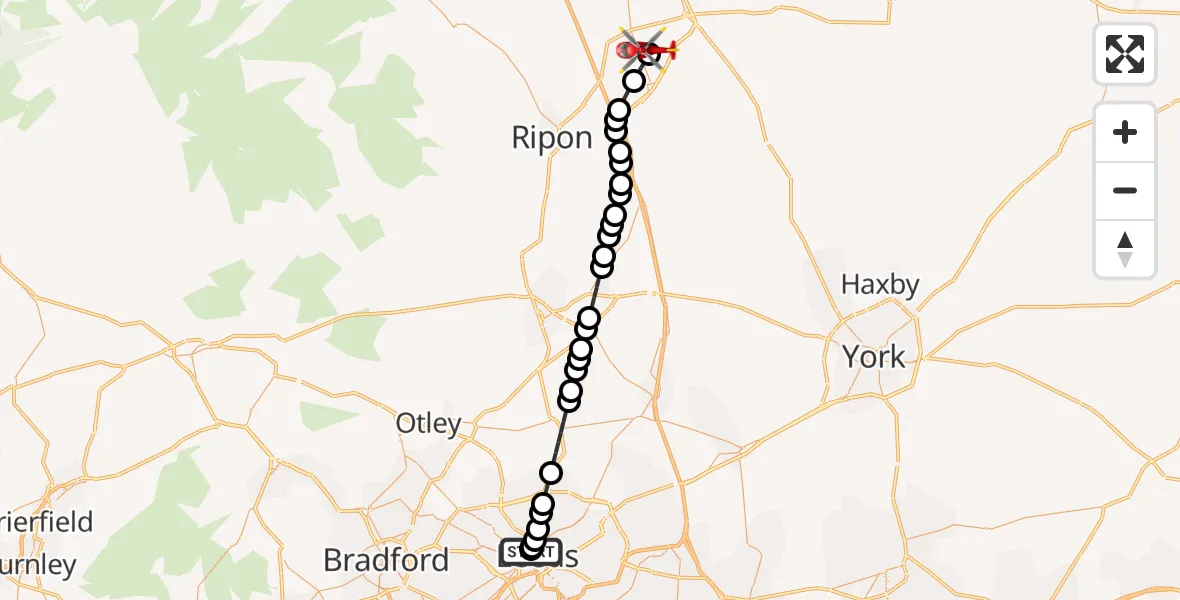 Flight path map showing Air Ambulance Helicopter route from Woodhouse to RAF Topcliffe