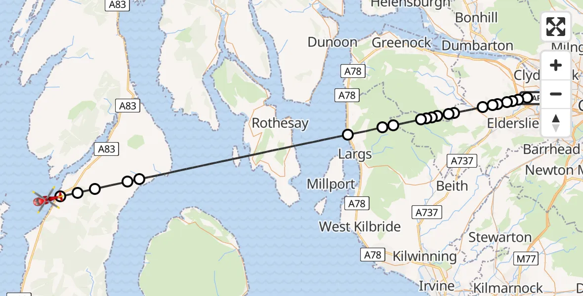 Flight path map showing Air Ambulance Helicopter route from Glasgow Airport to Inner Seas