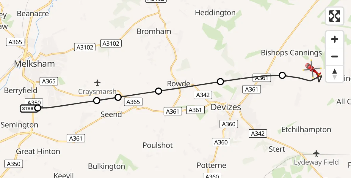 Flight path map showing Air Ambulance Helicopter route from Wiltshire Air Ambulance to Bishops Cannings