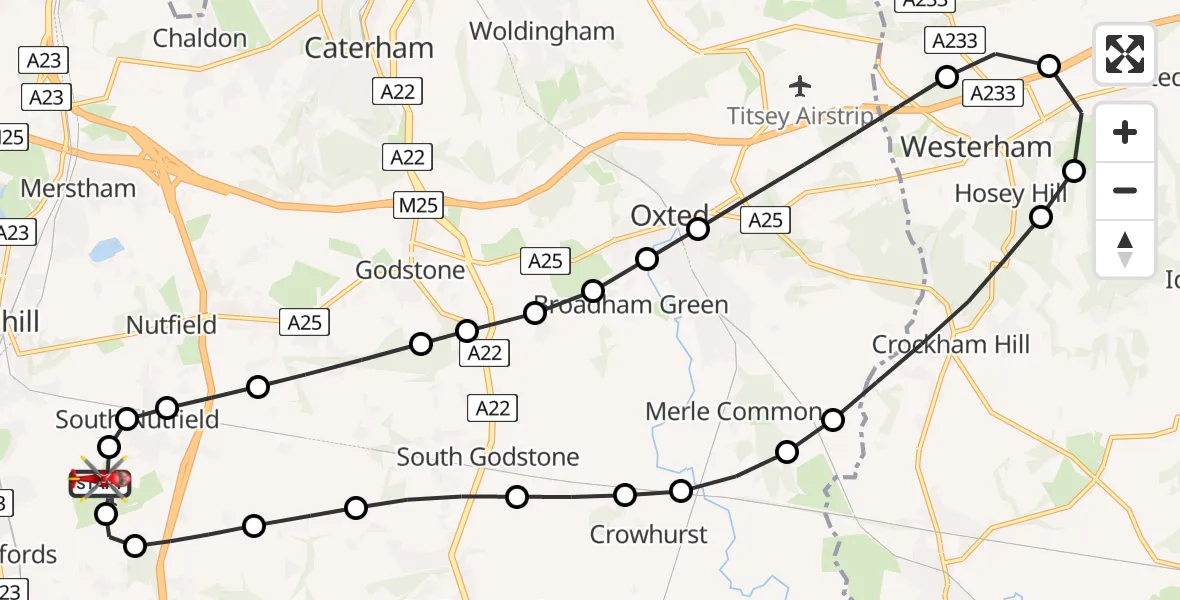 Flight path map showing Air Ambulance Helicopter route from Redhill Aerodrome to Redhill Aerodrome