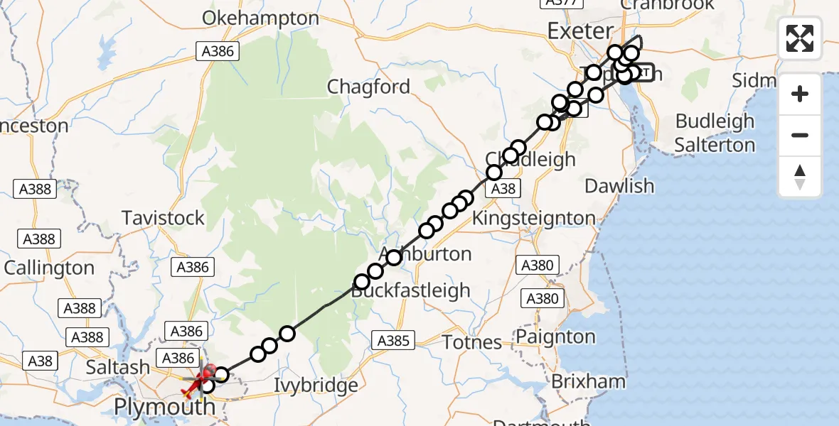 Flight path map showing Air Ambulance Helicopter route from Clyst St. George to Plympton