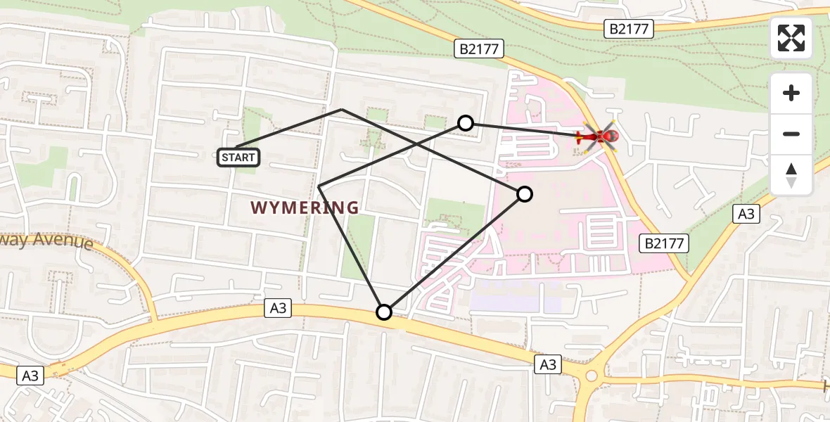 Flight path map showing Air Ambulance Helicopter route from Wymering to Queen Alexandra Hospital