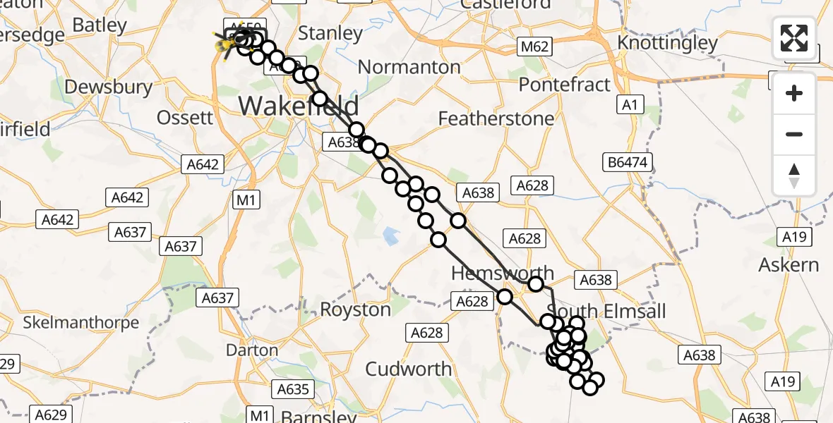 Flight path map showing Police Helicopter route from Carr Gate to East Ardsley