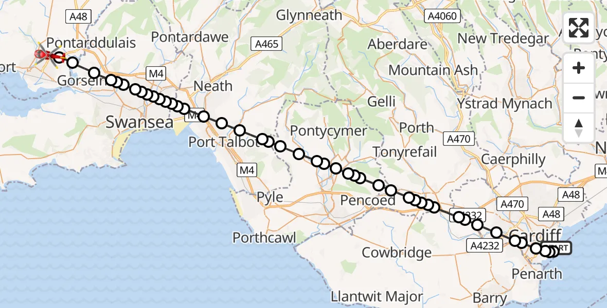 Flight path map showing Air Ambulance Helicopter route from Cardiff Heliport to Dafen