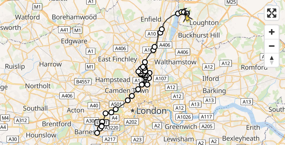 Flight path map showing Police Helicopter route from West Kensington to Sewardstonebury
