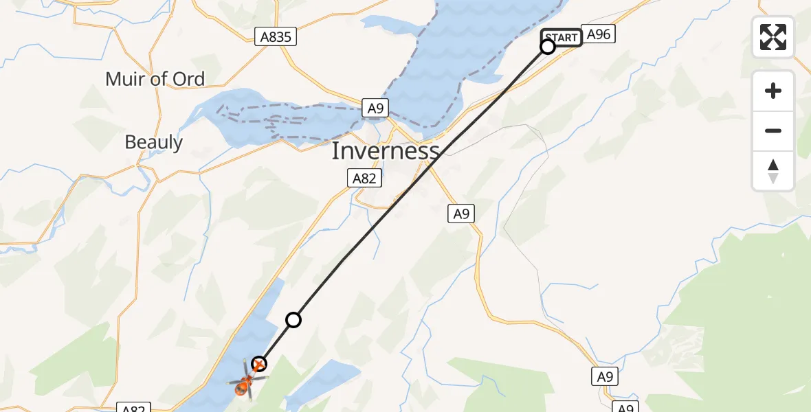 Flight path map showing Coastguard Helicopter route from Inverness Airport to Highland