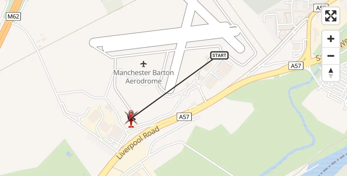 Flight path map showing Air Ambulance Helicopter route from Manchester Barton Aerodrome to Manchester Barton Aerodrome